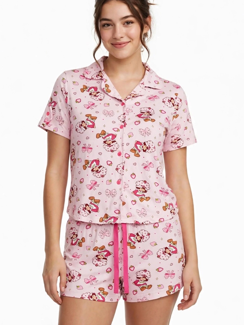 Women’s Pink Short-Sleeve Printed Pajama Set with Drawstring Shorts